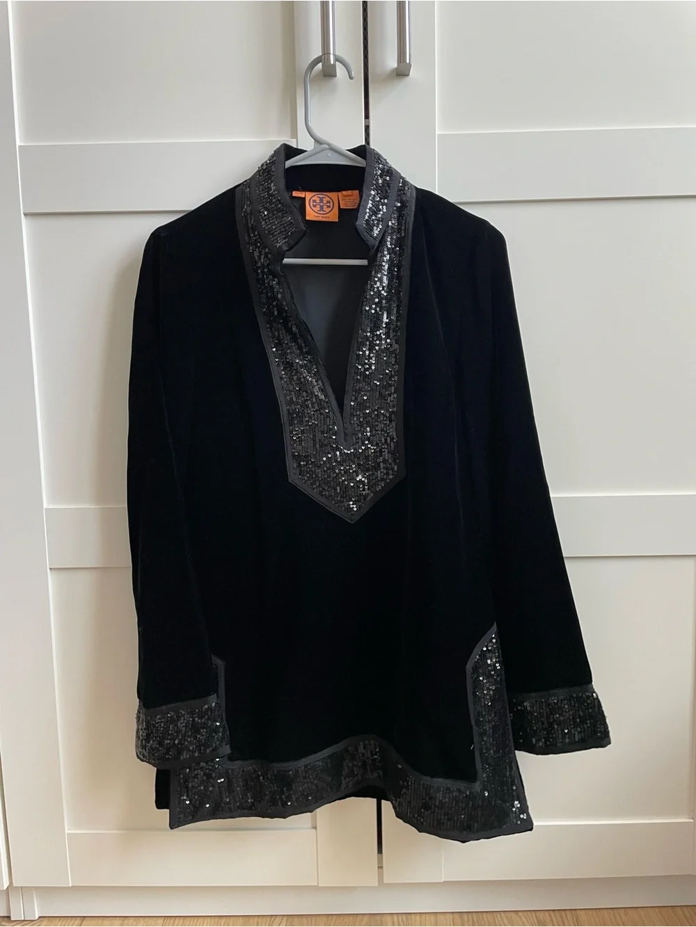 Tory Burch Black Velvet Sequin-Trim Tunic Jacket